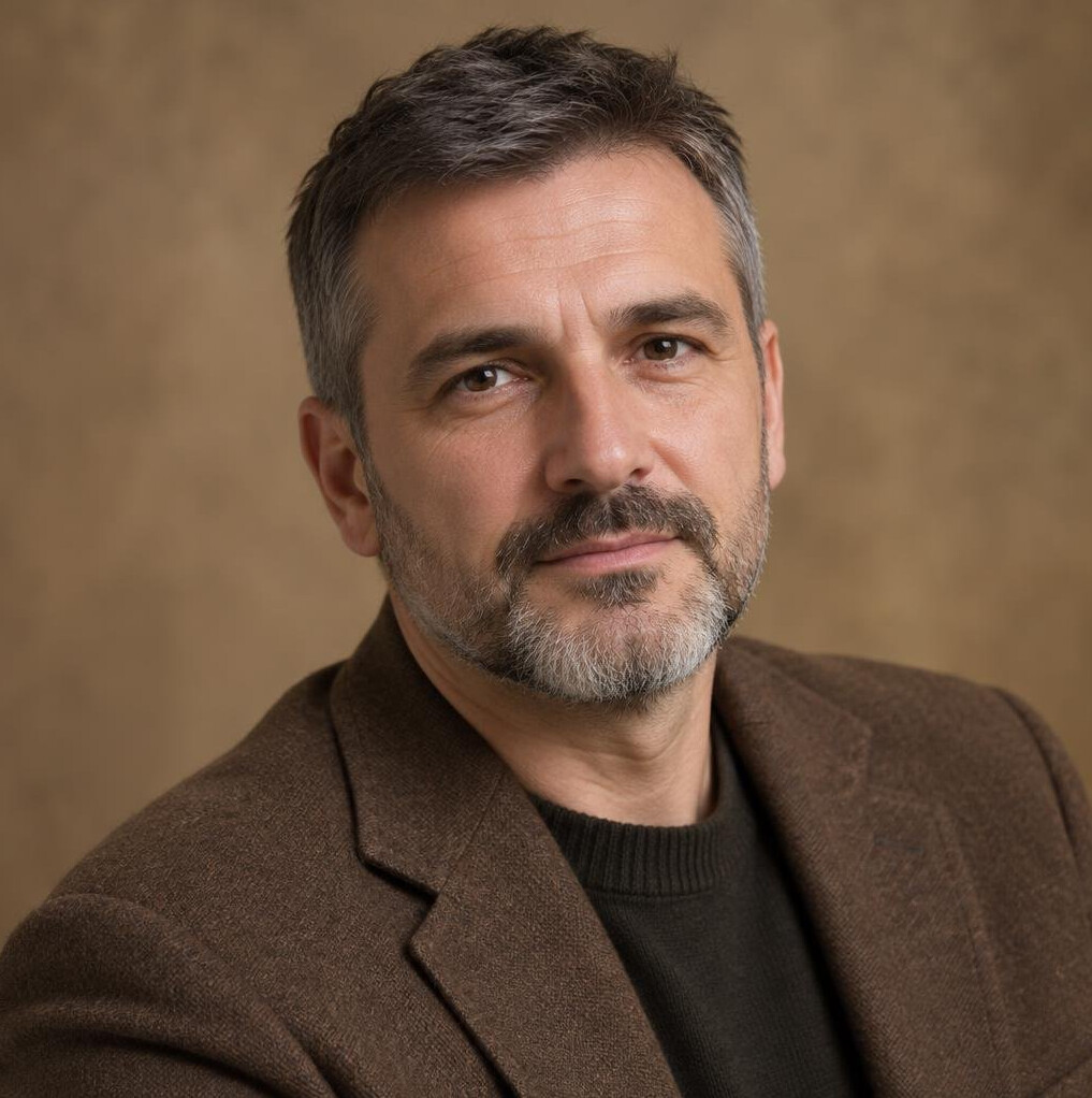 Portret sredovječnog muškarca s bradom u smeđem sakou