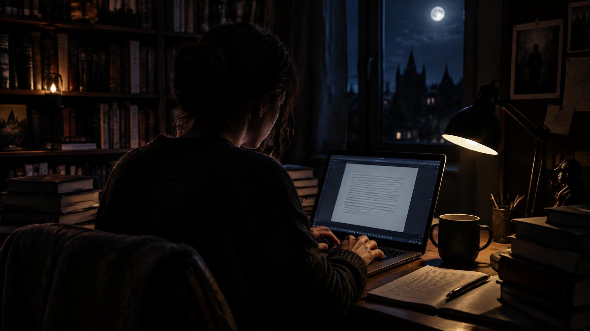 writer typing on laptop at night