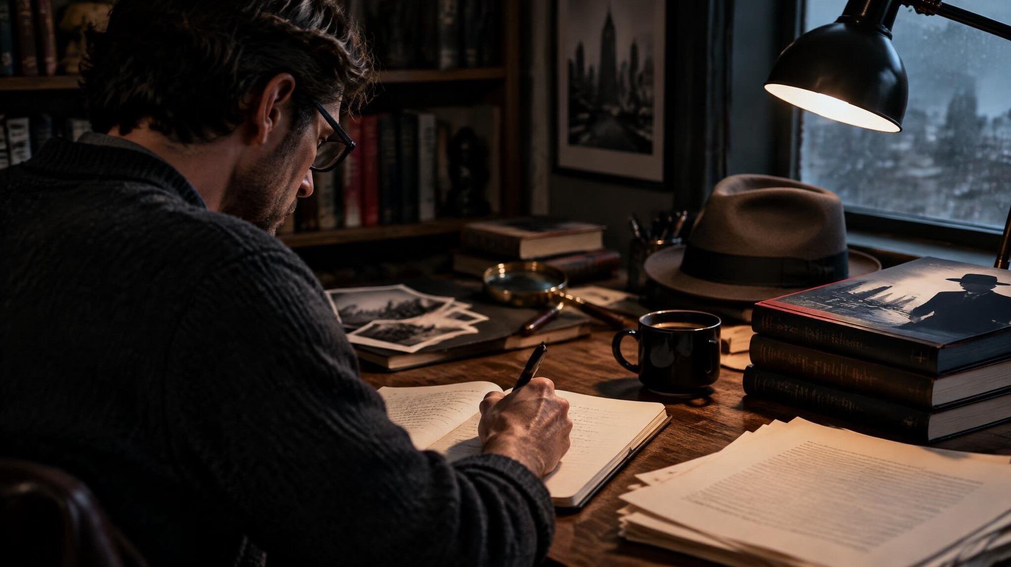 mystery writer at desk