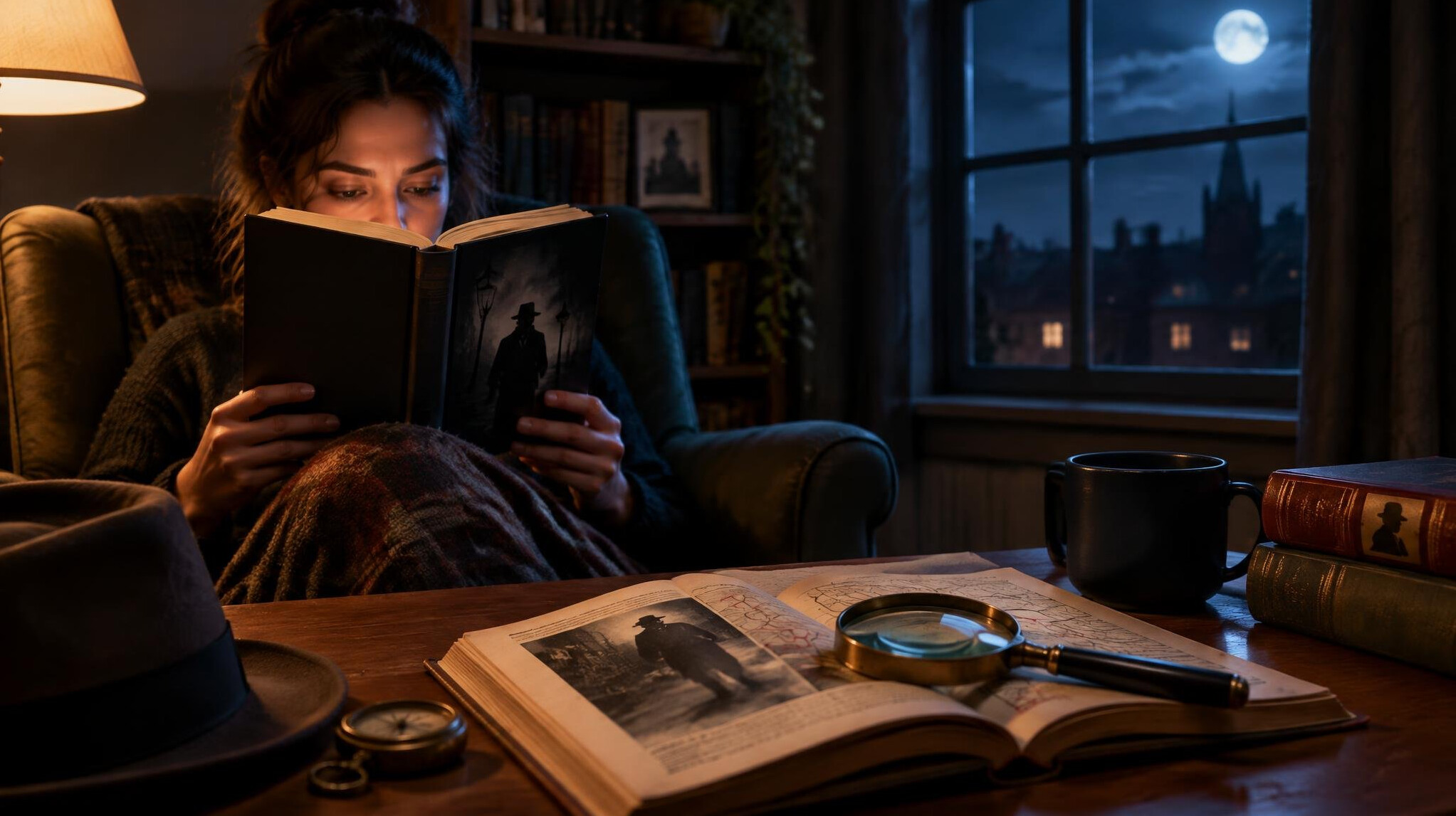 person reading mystery book at night